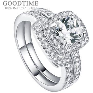 Luxe Vrouwen Ring 925 Sterling Zilver Bruid Bruiloft Ring Vierkante Zirkoon Rhinestone Engagement Ring Set Zilveren Sieraden