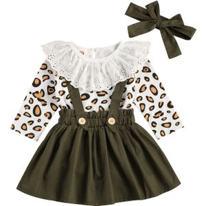 Meisje Drie Delige Set, Baby 'S Leopard Gedrukt Lace Crew Romper Strap Rok Strikje Voor Peuters