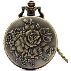 Elegante Retro Brons Bloom Bloemen Vrouwen Quartz Pocket Watches Hanger Voor Dames Vintage Fob Ketting Ketting Klok Beste