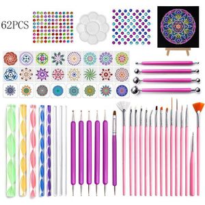 62 Stks/set Mandala Puntjes Gereedschap Schilderen Nail Art Puntjes Pen Borstel Acryl Staven Rocks Schilderen Handvat Strass Kristal Gereedschap
