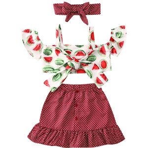 Aa Baby Zomer Sets Meisjes Kleding Set Off Shoulder Watermeloen Print Crop Tops Mini Rokken Hoofdband Meisjes Kleding Sets