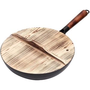 Handgemaakte Gietijzeren Wok 32Cm Non-stick Koekenpan Wok Pannen Huishoudelijke Kookpot Houten Cover Gasfornuis Inductie fornuis Universele