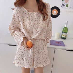 Koreaanse Pyjama Mujer Cherry Print Katoenen Garen Nachtkleding Set Lange Mouw Top + Shorts Ruche Homewear Huidvriendelijk Ademend s1029