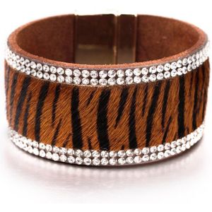 Allyes Dier Bont Lederen Armbanden Voor Vrouwen Luipaard Gestreepte Rhinestone Wide Wrap Armband Herfst Winter Sieraden