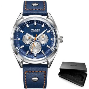 Megir Mannen Mode Lederen Quartz Horloges Met Kalender Datum Week 24-Uur Lichtgevende Horloge Voor Man Jongens Blauw 2072GBE-2