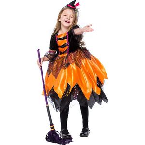 Kids Kinderen Meisjes Halloween Heks Jurk + Hoed kinderen Dag Princess Party Jurken Carnaval Cosplay Kostuum Ster print pompoen