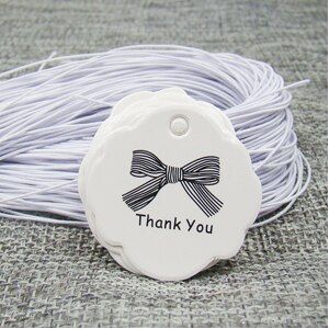 3*3cm wit papier dank uw strik swing tag 100pcs + 100pcs elastiek voor proudcts verpakking tagging label