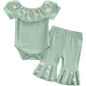 2 Stuks Baby Meisjes Kleding Set Korte Mouwen Crewneck Ruffle Romper Met Bloem Print Flare Broek Zomer Casual Outfit