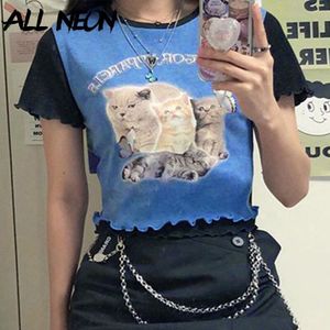 Allneon Y2K Zomer Leuke Kat Grafische Print Ruche Zoom T-shirts Voor Vrouwen E-Meisje Kawaii O-hals Korte Mouw Patchwork crop Tops