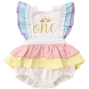 Verjaardag Bodysuit Baby Meisje Katoenen Verstoorde Lace Mouwloze Gouden Brief Crown Print Jumpsuit Open Back Bow Pluizige Bodysuit
