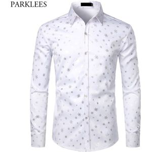 Wit Heren Kerst Shirt Snowflake Print Chemise Homme Camisa Sociale Masculina Lange Mouwen Button Down Heren Dress Shirts Tops