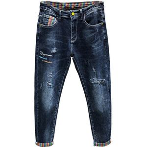 Biker Jeans Mannen Stretch Skinny Fit Dark Blue Ripped Verontruste Gestreepte Liner Patched Denim Broek Casual Streetwear Yong Man Jean