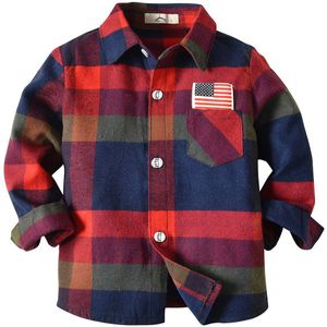 Herfst Kleine Jongens Shirt Creatieve Rood Blauw Grote Plaid Patroon Revers Lange Mouwen Single-Breasted Top Kinderen Casual Kleding