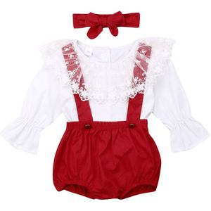 Prinses Pasgeboren Baby Meisjes Rode Kleding Set Kant Lange Mouwen Tops + Shorts Algehele + Hoofdband Kerst Baby Meisje Kostuums