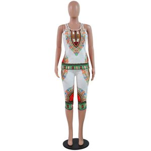 2Pcs Vrouwen Afrikaanse Jurken Jumpsuit Dashiki Traditionele Print Mouwloze Ronde Hals T-shirt Zomer Streetwear Afrika Kleding