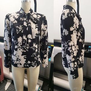 Conmoto Chic Strikje Zwart Wit Vrouwen Tops Elegante Bloemenprint Vrouwelijke Blouse Lange Mouwen Herfst Casual Dames Tops