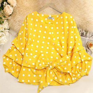 Plus Size Geel Katoen Wit Polka Dot Blouse Retro Tops Zomer 3/4 Bladerdeeg Mouw Vlinder Tops S xl 3XL V-hals