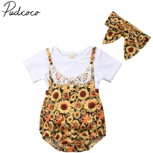 Brand 0-18 M Baby Kids Baby Meisjes Zomer Kleding Sets Witte Korte Mouwen T-Shirts + zonnebloem Algemene Romper + Hoofdband