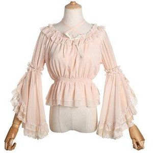 Sweet Lolita Shirt Vintage Kant Strik O-hals Flare Mouwen Cross Bandage Victoriaanse Shirt Kawaii Meisje Gothic Lolita Top Loli Cos
