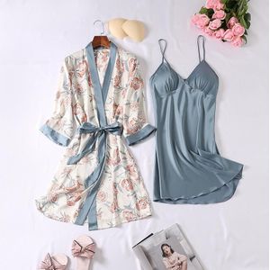Sexy Nachtjapon Print Kimono Badjas Set Vrouwen Badjas Gown Zomer Satijn Nachtkleding 2Pcs Loungewear Pak Ongedwongen Thuis Kleding