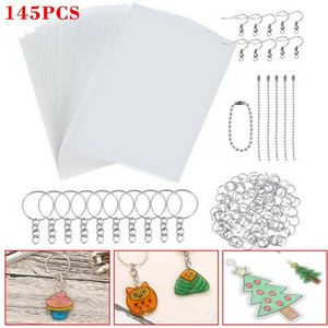 145Pcs Shrinky Art Papier Krimpkous Vel Plastic Kit Perforator Sleutelhangers Diy Tekening Art Metalen Accessoires Supply