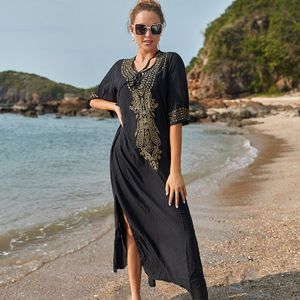 Zwart Katoen Cover-Ups V-hals Beach Cover Up Beach Tuniek Robe De Plage Pareo Vrouwen Maxi Jurk Bikini cover Up Beachwear Sarong