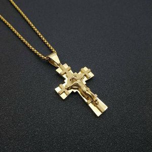 Hip Hop Gold Kleur Roestvrij Staal Inri Crucifix Jezus Jeruzalem Kruis Hanger Kettingen Voor Mannen Sieraden