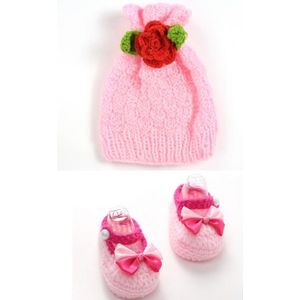 Zoete mooie baby meisjes handgemaakte haak breien roze strik crib schoenen + snoep hoed fotografie props set 11 cm