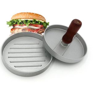 Duurzaam Aluminium Non-stick Mini Burger Persen Houten Handgrepen Vlees Rundvlees Pasteitjes Maker Mould Keuken Barbecue Gereedschap