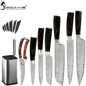Sowoll Keuken Rvs Messen Tool Fruit Utility Santoku Chef Slicer Damascus Veins Keukenmessen Schaar Sharpener Bar