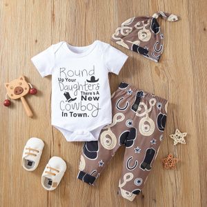 Baby Baby Jongens Kleding Sets Korte Mouw Ronde Hals Letters Print Romper Top Jogger Broek + Ronde Hoed 3Pcs