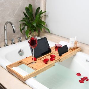 Bamboe Bad Lade Perfect Uitbreidbaar Bad Caddy Met Lezen Rack Of Tablet Houder, bad Lade Omvat Een Wijnglas Houder