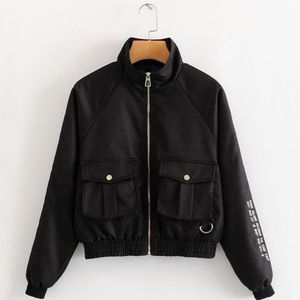 Herfst vrouwen Bomber jacket Streetwear Brief Gedrukt Lange Mouw Korte Windjack Zakken Jas Casaco