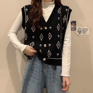 Trui Vest Vrouwen Argyle Knop College Elegante Eenvoudige Alle Match Streetwear Casual Mode Losse Koreaanse Stijl Vrouwelijke Zachte Chic