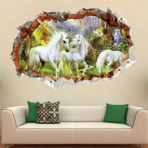 3D Levendige Gat View Eenhoorn Wit Paard PVC Muurstickers voor Kids Woonkamer Slaapkamer Art Muurtattoo Poster Sofa Wanddecoratie