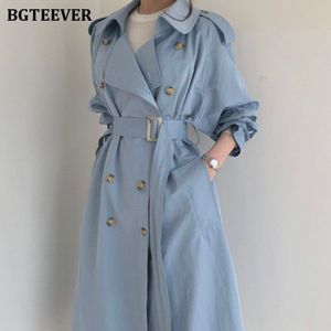 Bgteever Herfst Winter Elegante Double Breasted Vrouwen Lange Trenchcoats Lange Mouw Losse Belted Split Vrouwelijke Blauw Windjack