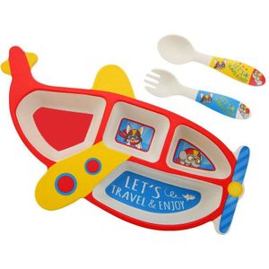 3 Stks/set Bamboevezel Kinderen Plaat Vliegtuigen Vorm Grid Kom Eten Vork Lepel Set Babyvoeding Servies Kids Servies set