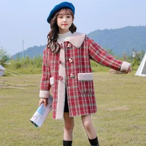 Kinderen Wollen Jas Blends Jas Voor Herfst Winter Single-Breasted Turn Kraag Overjas Grote Zakken Plaid Meisjes Jassen 10 12 14 Y