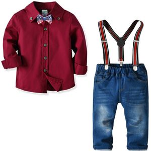 Rode Shirts + Jean Kinderen Pak Jongens Kleding Lente Baby Kleding Sets Kids Gentlemen KS-1938