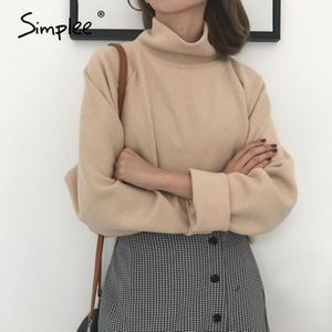 Simplee Casual Losse Gebreide Trui Effen Kleur Hoge Kraag Zachte Vrouwen Trui Kantoor Mode Vrouwen Trui Herfst