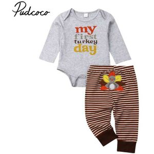 2pcs Thanksgiving Set Kinderen Kleding Set Turkije Dag Print Baby Meisjes Jongens Bodysuit Set Gestreepte Lange Broek Kleding Set