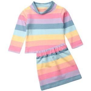 2PCS Peuter Kids Baby Meisje Kleur Streep T-shirt Tops + Rok Outfit Kleding