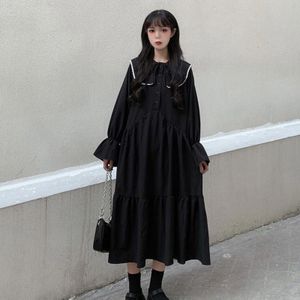 Anbenser Lange Flare Mouwen Lolita Jurk Vrouwen Pop Kraag Knoppen Elegante Harajuku Zwarte Losse Lace Up Mid-Kalf vestidos