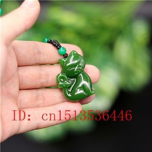 Chinese Groene Jade Kat Hanger Ketting Charm Jadeïet Sieraden Gesneden Amulet Mode Accessoires Voor Vrouwen Mannen