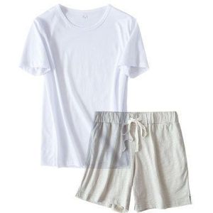 Zomer Mannen Casual Pyjama Sets Mannelijke 100% Katoen Nachtkleding Pak Mannen Korte Mouw O-hals Kraag Witte T-shirt & Half Broek