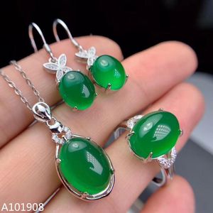 KJJEAXCMY boutique sieraden 925 sterling zilver ingelegd Natuurlijke groene chalcedoon Earring Ketting Ring Set Ondersteuning Test