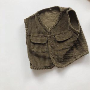 Kinderen Vest Voor Meisje Japanse Gestreepte Fluwelen Pocket Mouwloze Jongens En Meisjes Corduroy Baby Vesten
