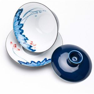 Blauwe Lotus Thee Terrine Jingdezhen Handgeschilderd Grote Kom Gaiwan Puer Waterkoker Chawan Thee Accessoires