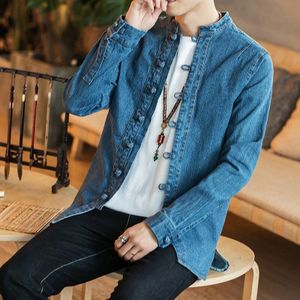 Denim Shirt Heren Tuniek Chinese Kraag Shirts Voor Mannen Jas Lange Mouwen Jeans Heren Shirts Regular Fit Denim Mannelijke KK2979