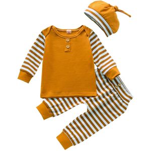 Baby Meisjes Jongens 3 Stuks Katoenen Streep Pak Lange Mouw Trui Knop Decoratie Losse Streak Broek Splicing Ronde Hoed 0-24M